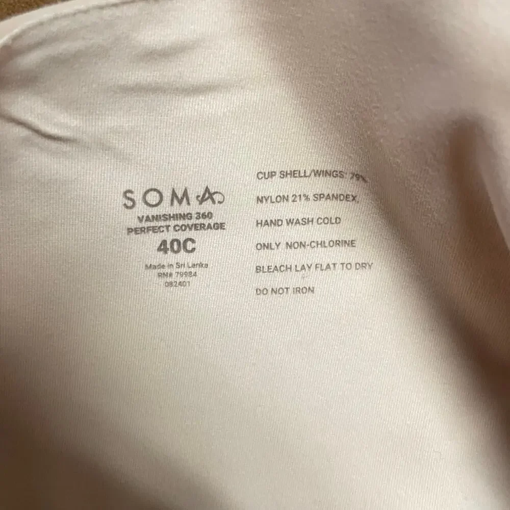 Soma Bra 40C Nude Beige Underwire Lightly Lined Full Coverage Adjustable Straps